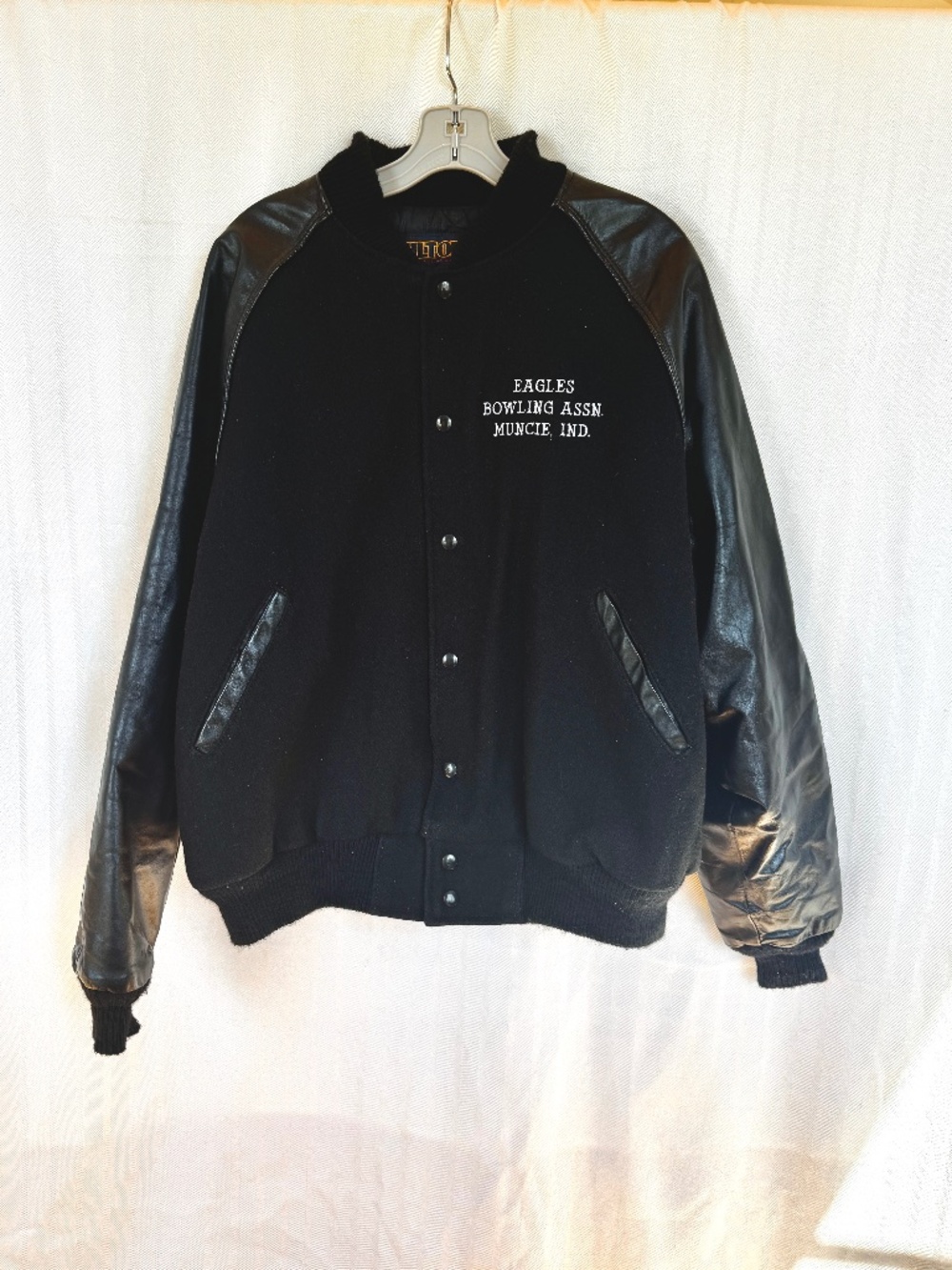 Hilton Black Wool & Leather combo Bowling Assn. Muncie, Ind. Jacket USA